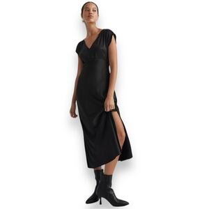 NWT Madewell Wide V-Neck Midi Dress in black satin size 00 Maxi long NEW